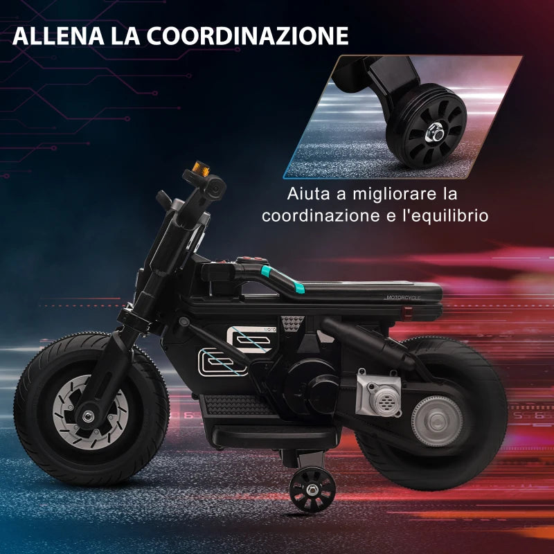 HOMCOM Moto Elettrica per Bambini 3-5 Anni in PP e Metallo con Rotelle, Clacson e Musica, 86x44x58 cm, Nera