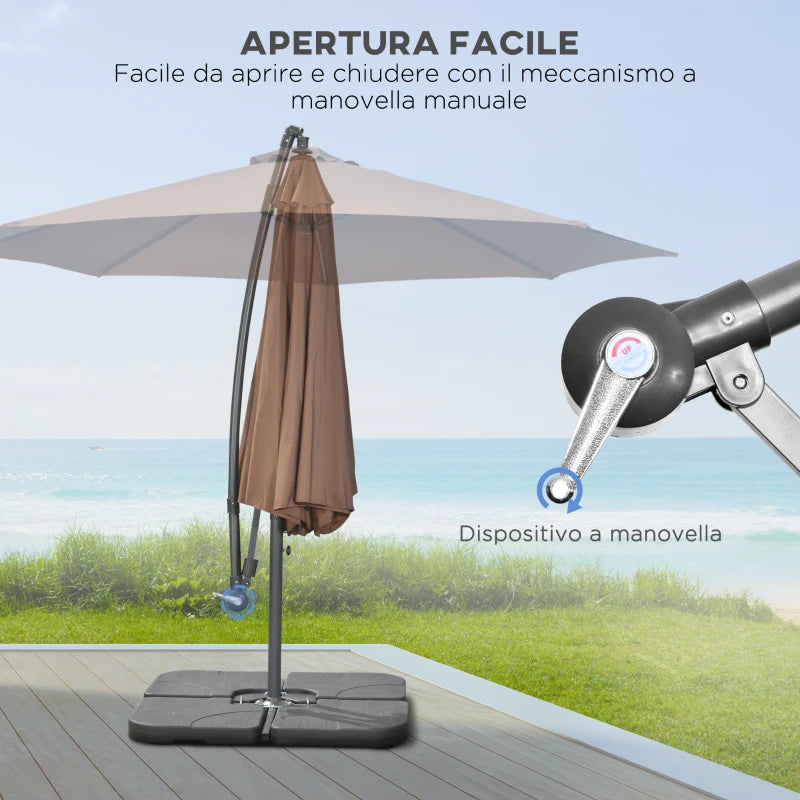 Outsunny Ombrellone Decentrato a 6 Stecche con Manovella e Base a Croce, in Metallo e Poliestere, Ø292x247 cm, Caffè