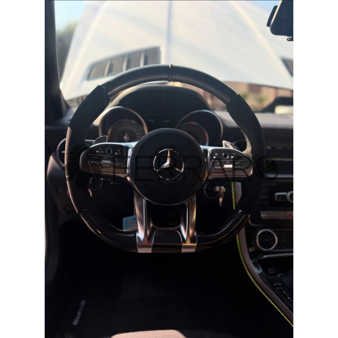 Volante per Mercedes, Carbonio Diagonale, Etichetta Pelle Nera, Filo Nero, Galvanica, AMG