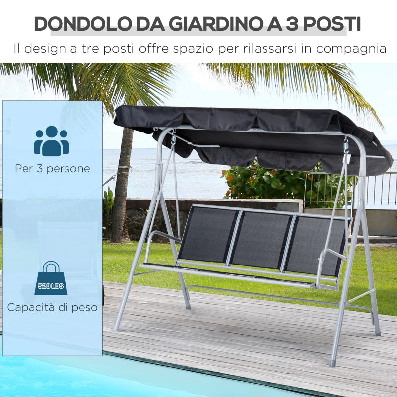 Outsunny Dondolo da Giardino a 3 Posti in Metallo, Tetto Parasole Rimovibile e Lavabile, Nero e Argento, 171x108x154cm