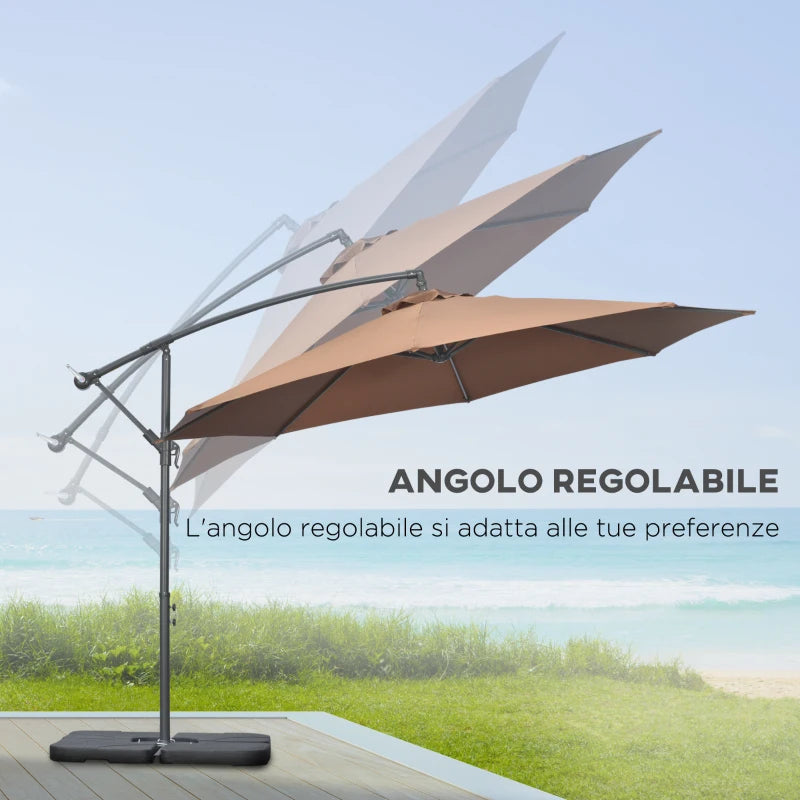 Outsunny Ombrellone Decentrato a 6 Stecche con Manovella e Base a Croce, in Metallo e Poliestere, Ø292x247 cm, Caffè