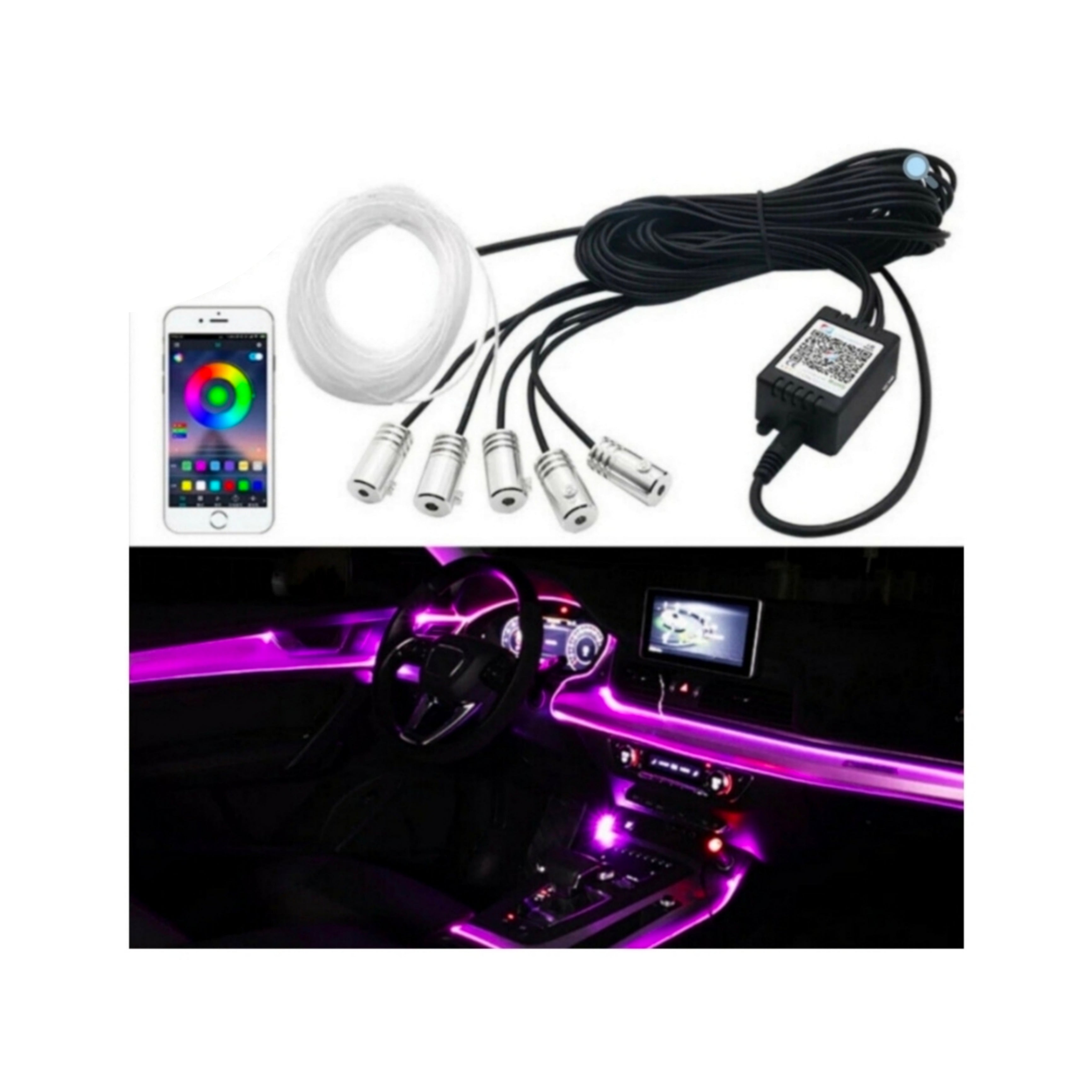 LED Ambient Lights AUTO - Ambient Light, App Control, 6M Fiber Optic, RGB, Music Control, Universal, 12V.