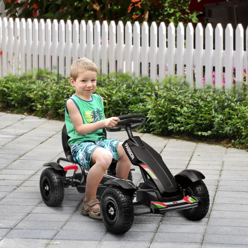 HOMCOM Go Kart a Pedali per Bambini 5-12 Anni in PP e Metallo Nero con Sedile Regolabile e Freno a Mano, 121x58x61 cm