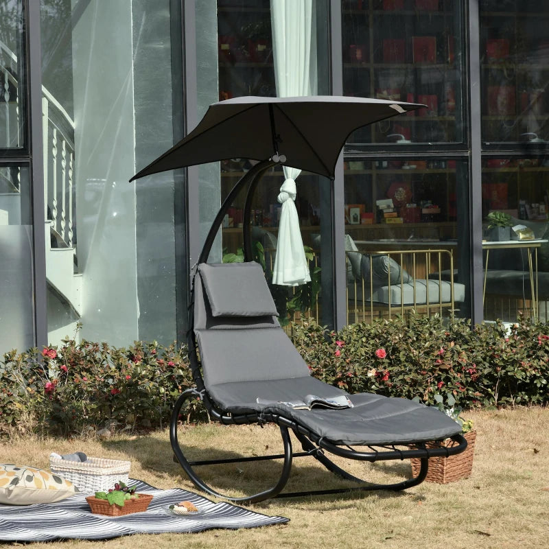 Outsunny Lettino a Dondolo da Giardino, Sdraio Prendisole, Sedia a Dondolo per Esterno con Seduta Imbottita e Tettuccio Grigio 185x114x190cm