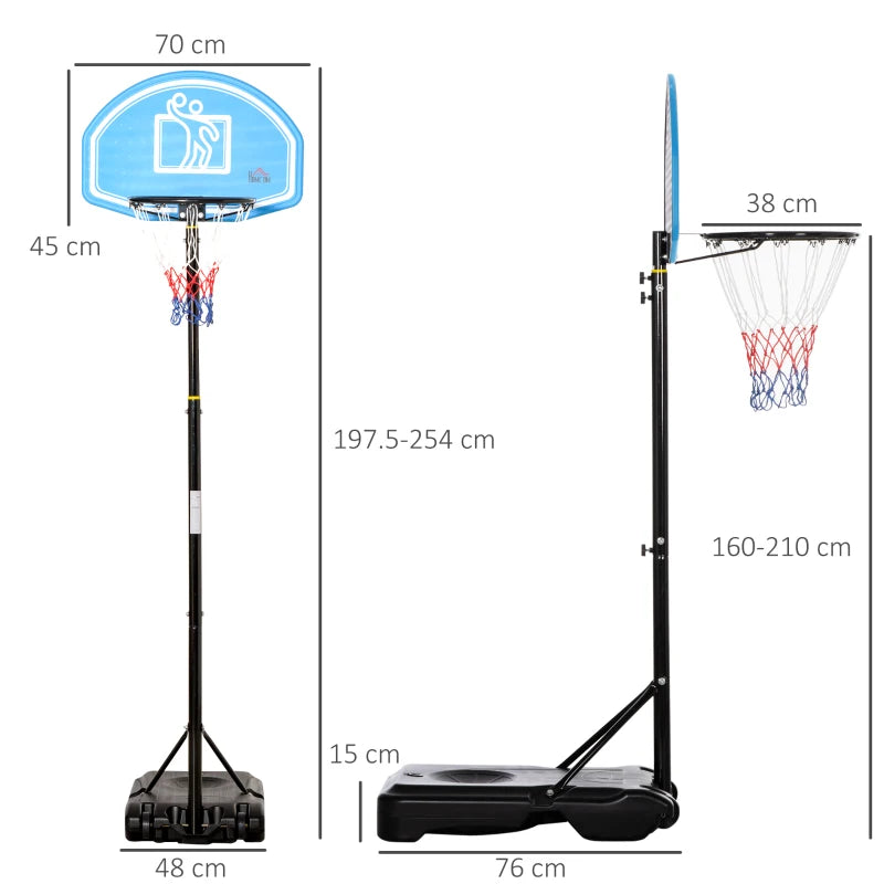 HOMCOM Canestro Basket con Altezza Regolabile 197.5-245cm, Base con Ruote e Tabellone, Blu