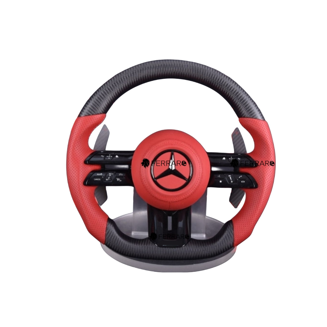 Volante per Mercedes, Carbonio Diagonale, Logo Nero, Rosso Perforato, Palette Carbonio, Linea Rossa, AMG