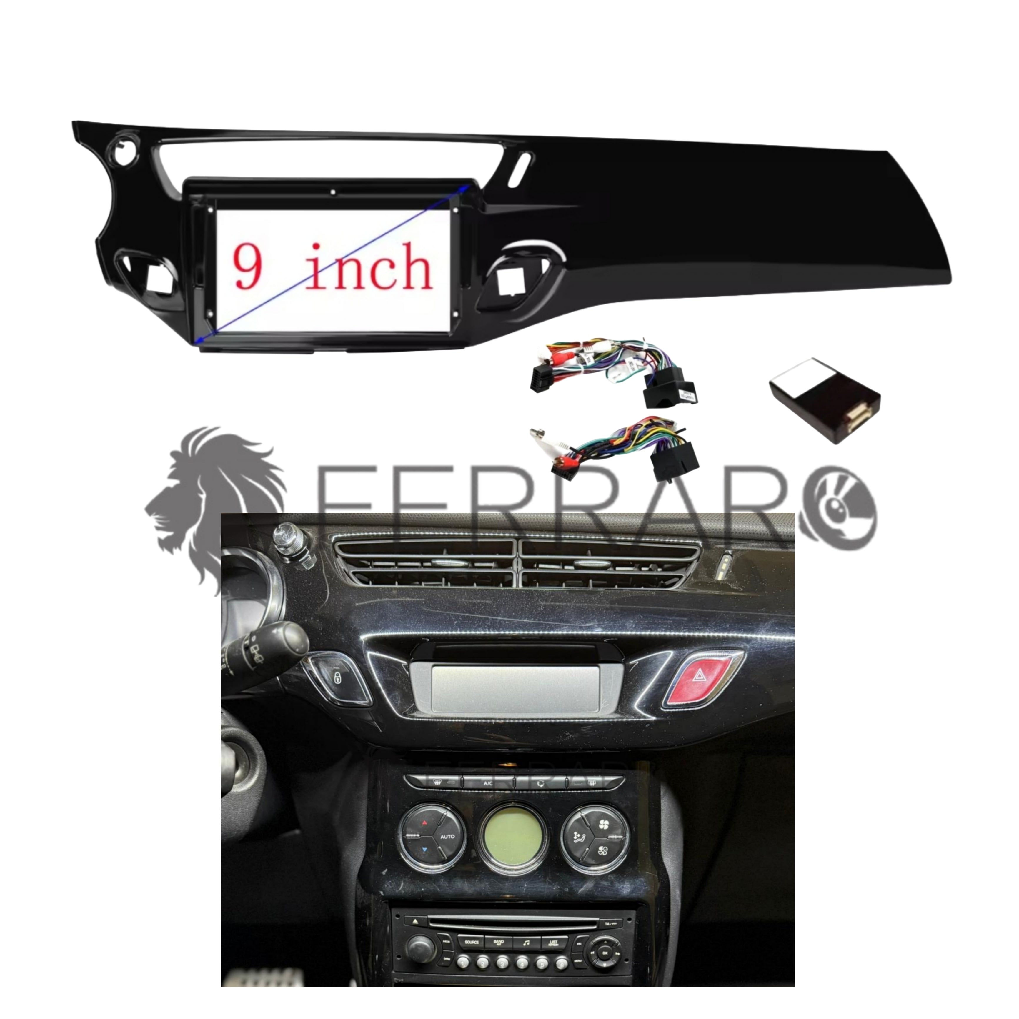 Kit Montaggio Autoradio 9"Pollici Citroen C3/DS3 (2010-2016) Mascherina, Cablaggio per Autoradio Android