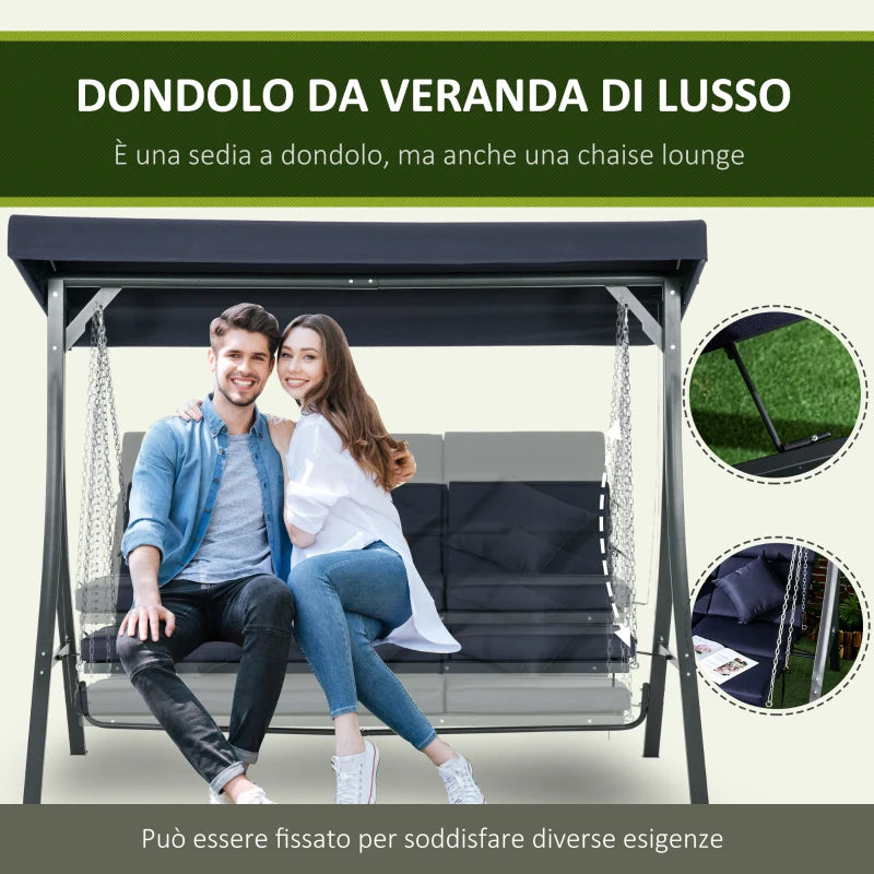 Outsunny Dondolo da Giardino 3 Posti con Cuscini, Seduta Chaise Longue e Tettuccio, 198x118x168 cm, Blu Scuro