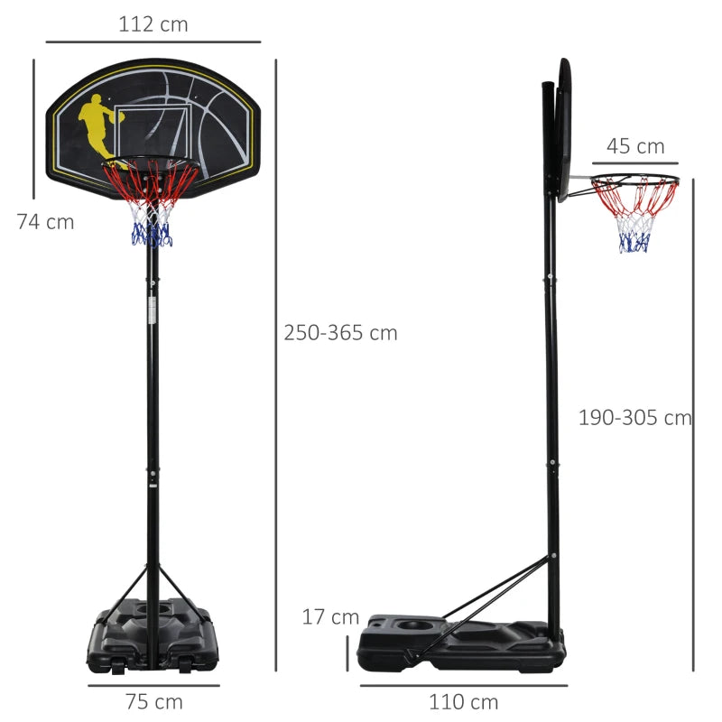 HOMCOM Canestro da Basket Altezza Regolabile in Acciaio con Base 112 × 74 × 365cm