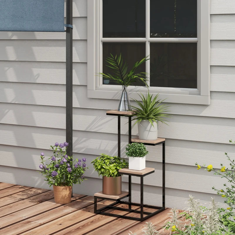 Outsunny Scaffale per Piante a 4 Livelli in Acciaio e Legno, 40x40x75.5 cm, Marrone e Nero