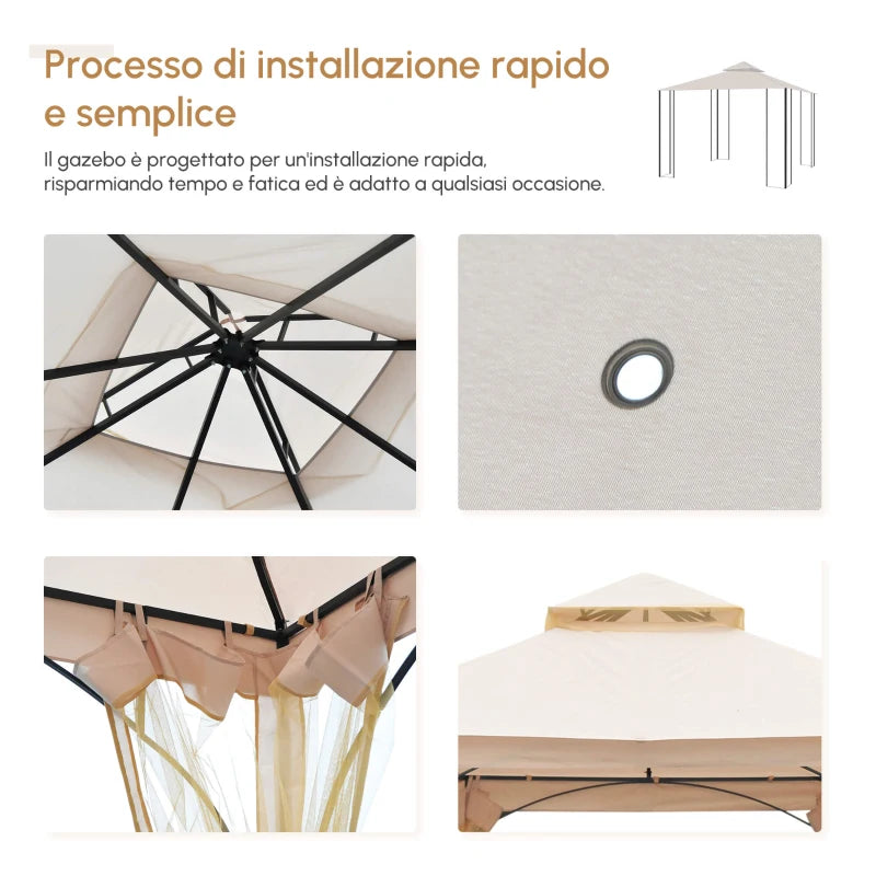 Outsunny Gazebo da Giardino 3x3m in Metallo con Zanzariere e Tettuccio in Poliestere, Beige