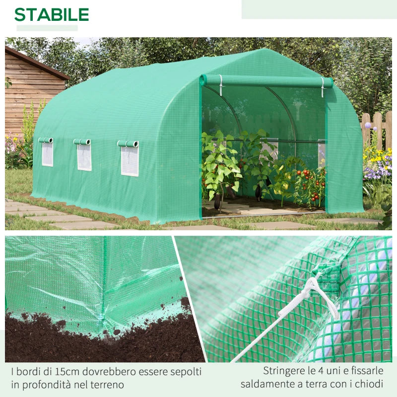 Outsunny Serra per Orto a Tunnel 4.5x3x2m con Tetto Spiovente in PE e Tubi d'Acciaio Verde Scuro