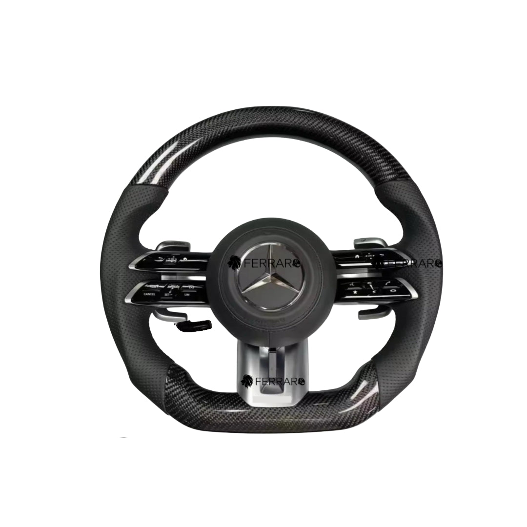 Volante per Mercedes, Carbonio Nero, Logo Argento, Punzonatura, Galvanica, Filo Nera, AMG