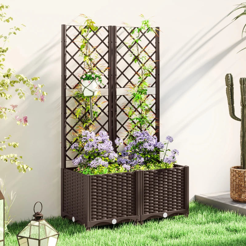 Outsunny Fioriera Rialzata con Traliccio per Rampicanti e 8 Fori di Drenaggio in PP, 80x40x135 cm, Marrone