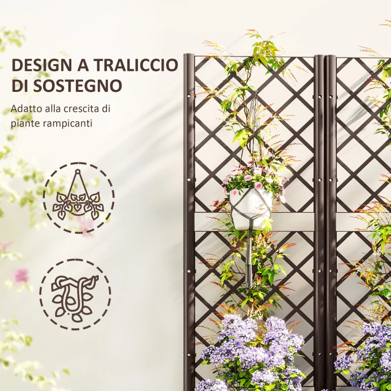 Outsunny Fioriera Rialzata con Traliccio per Rampicanti e 8 Fori di Drenaggio in PP, 80x40x135 cm, Marrone