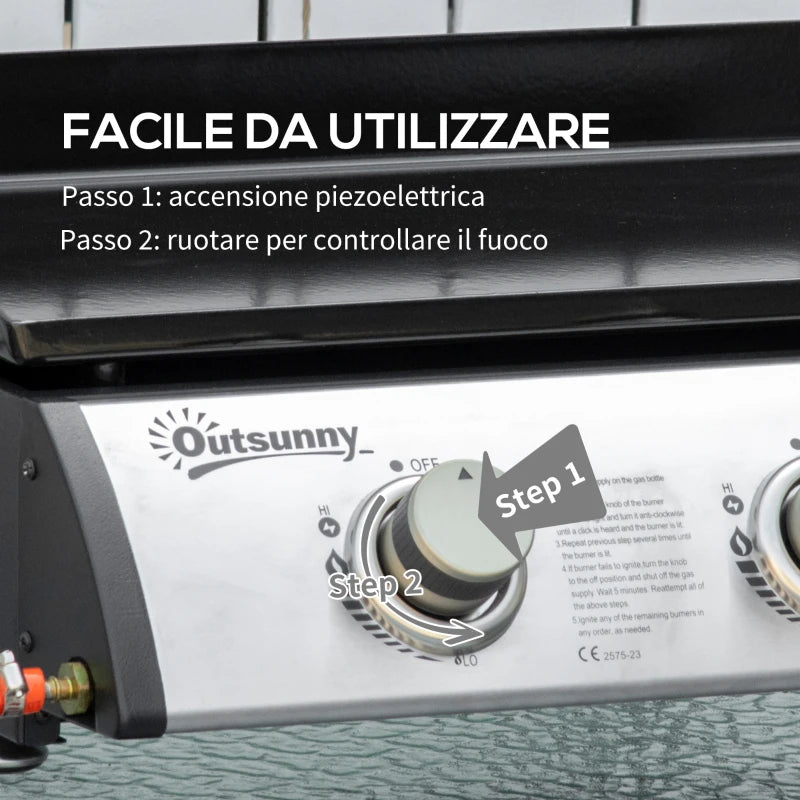 Outsunny Piastra Barbecue a Gas Antiaderente da Tavolo con 3 Bruciatori da 3kW, 62x46x21cm, Nero