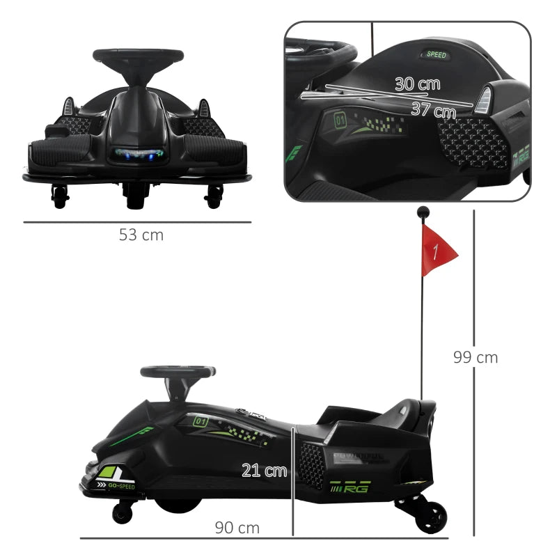 HOMCOM Go Kart Elettrico per Bambini 8-12 Anni Velocità 3-8 km/h per Drifting con Luci e Musica, Nero