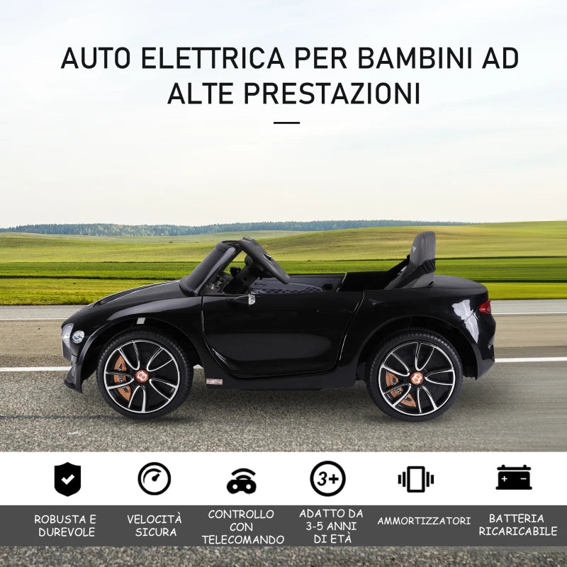 HOMCOM Macchina Elettrica per Bambini Bentley GT 6V, con Doppi Motori, Auto Elettrica per Bambini con Telecomando, Clacson, Suoni, Fari e 2 Portiere Apribili, 2.5-5 km/h, per 3-5 Anni, Nero
