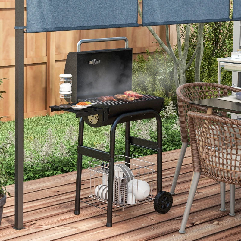 Outsunny Barbecue a Carbone con Coperchio, Termometro e Camino, Ripiani e Ruote, Nero
