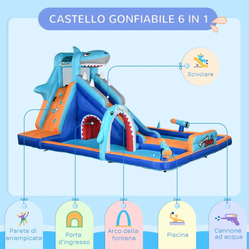 Outsunny Castello Gonfiabile per Bambini 3-8 Anni con Gonfiatore, Scivolo, Piscina e Parete da Arrampicata