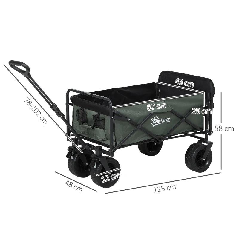 Outsunny Carrello da Giardino da 95L Pieghevole con Pannello Apribile, in Acciaio e Poliestere, 125x48x78-102 cm, Verde
