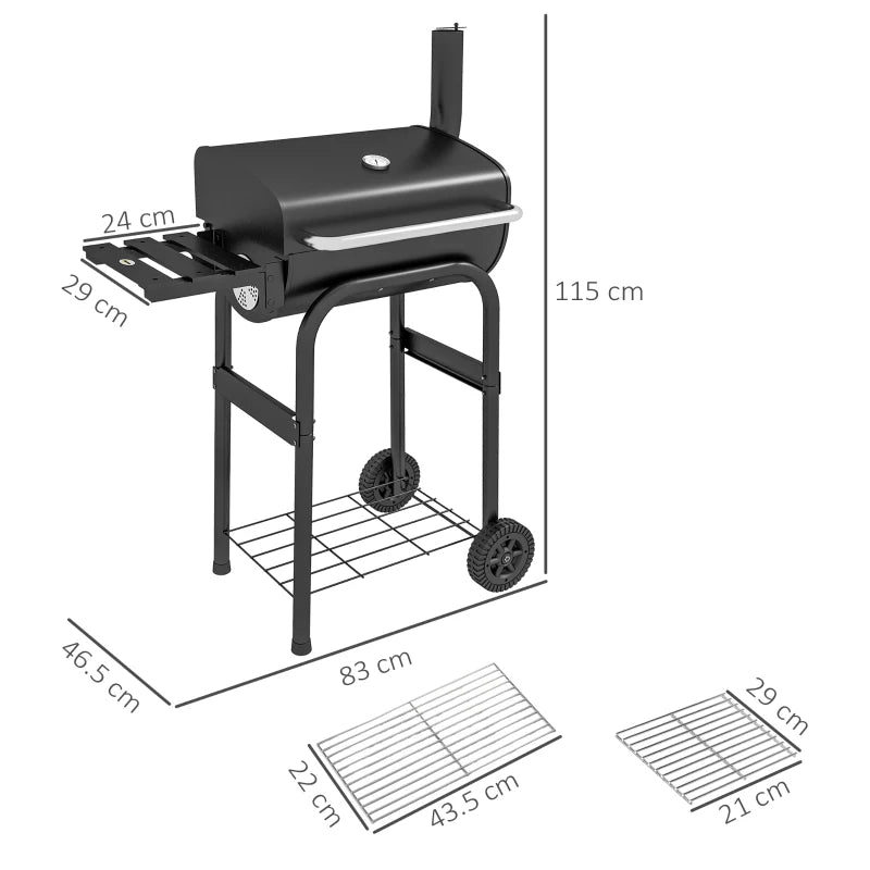 Outsunny Barbecue a Carbone con Coperchio, Termometro e Camino, Ripiani e Ruote, Nero