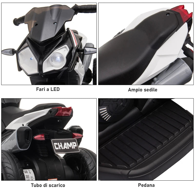 HOMCOM Moto Elettrica per Bambini 3-5 Anni Max. 25kg con Luci, Musica, Batteria 6V e Velocità 3km/h, 86cmx42cmx52cm Nera