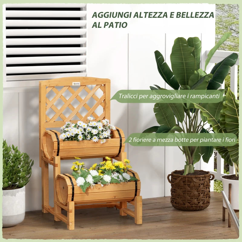 Outsunny Fioriera da Esterno a Mezza Botte in Legno d'Abete con Design Verticale Rialzato, 45x45x80 cm