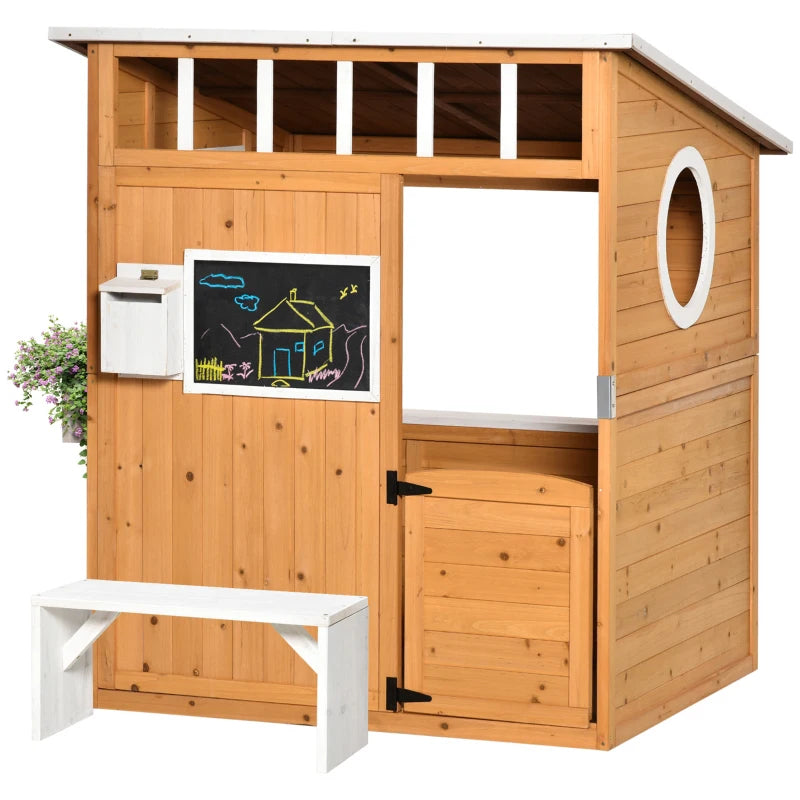 Outsunny Casetta per Bambini in Legno da Esterno con Porta, Finestre, Panca, Portavasi 122x108x135.5cm Gialla