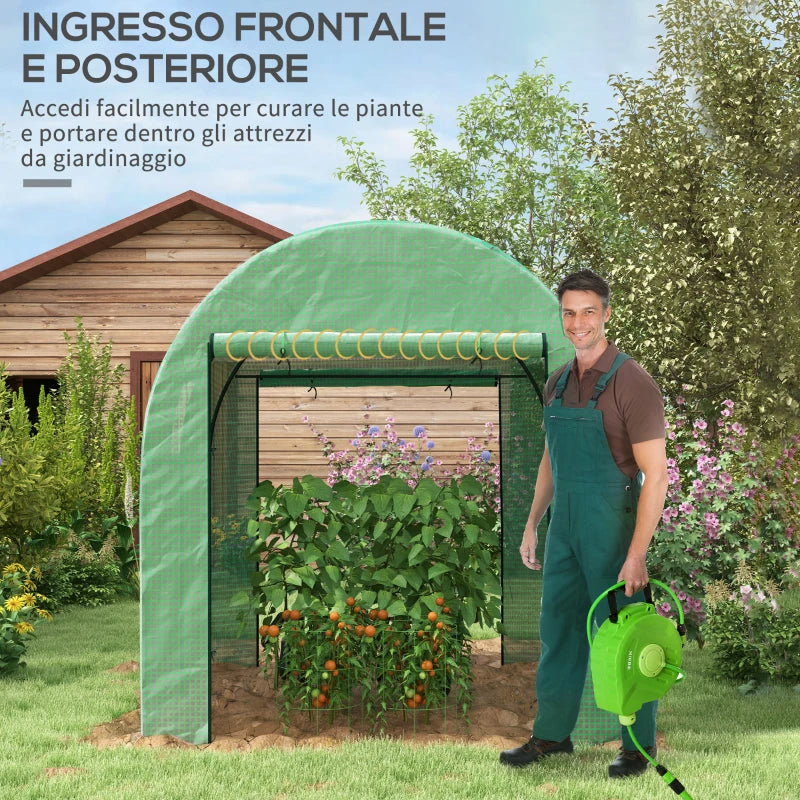 Outsunny Serra a Tunnel per Orto 1.8x1.8x2 m in Acciaio e PE Anti UV con Porte Avvolgibili e Finestre, Verde
