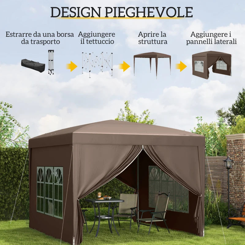 Outsunny Gazebo da Esterno 3x3 m Pieghevole con 4 Pannelli Laterali, in Acciaio e Tessuto Oxford color Caffè