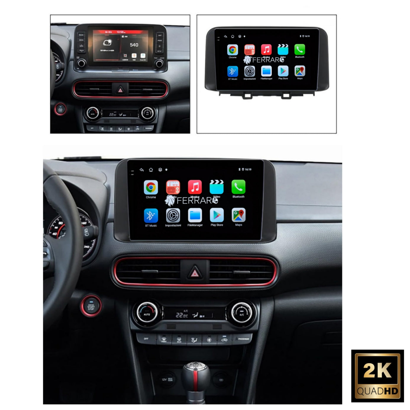 Autoradio per Hyundai Kona Kauai 10.1" 2K | 2017-2020 | Android | Bluetooth | CarPlay | Android Auto | 4/64GB Ram