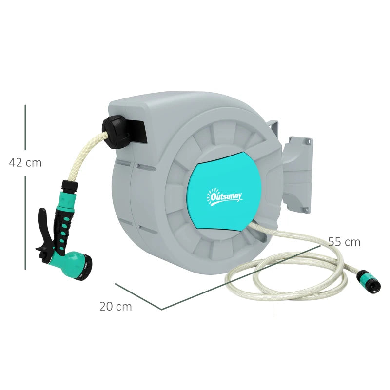 Outsunny Avvolgitubo Automatico a Parete e Portatile Lunghezza 25+2 m, Sistema di Blocco e 7 Getti, Grigio