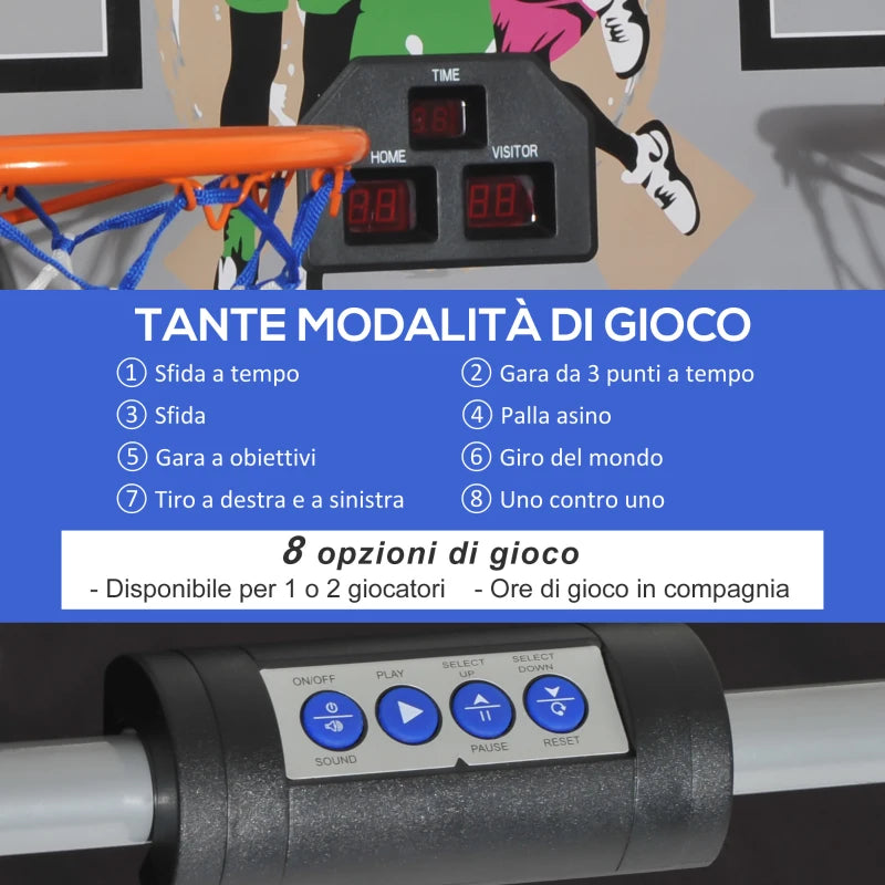 HOMCOM Canestri Basket con Tabellone LED, 4 Palloni e 8 Modalità di Gioco, 205x110x205 cm, Bianco e Nero