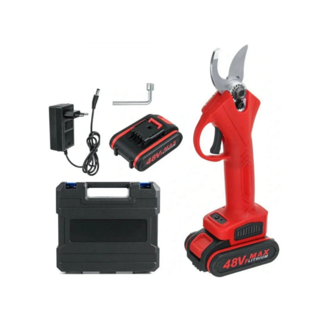 Battery-powered pruning shears - branch cutting shears, 48v with double battery, free carrying case.