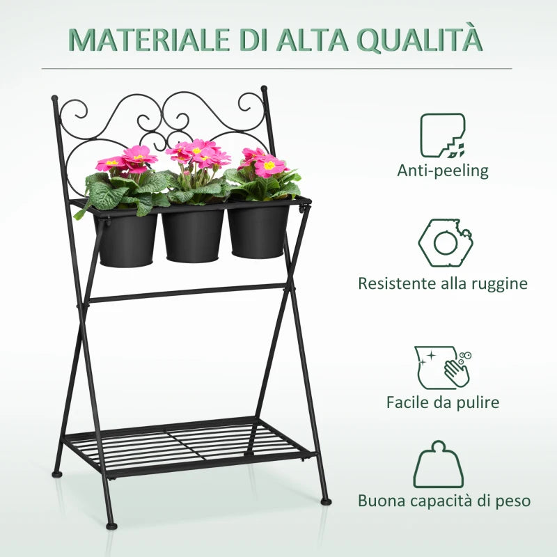 Outsunny Portapiante in Metallo Pieghevole con 3 Vasi e Ripiano Inferiore per Casa e Giardino, 47x37x78.5cm, Nero