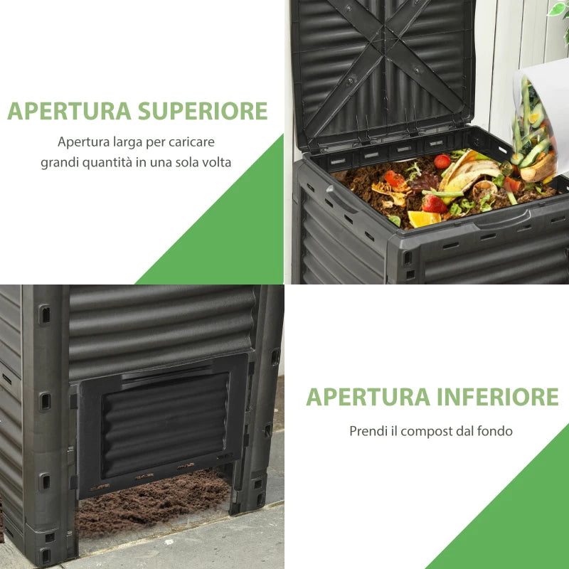 Outsunny Compostiera da Giardino, Compostiera Domestica da 300L in Plastica Nera, Bidone per Compost con Coperchio a Incastro