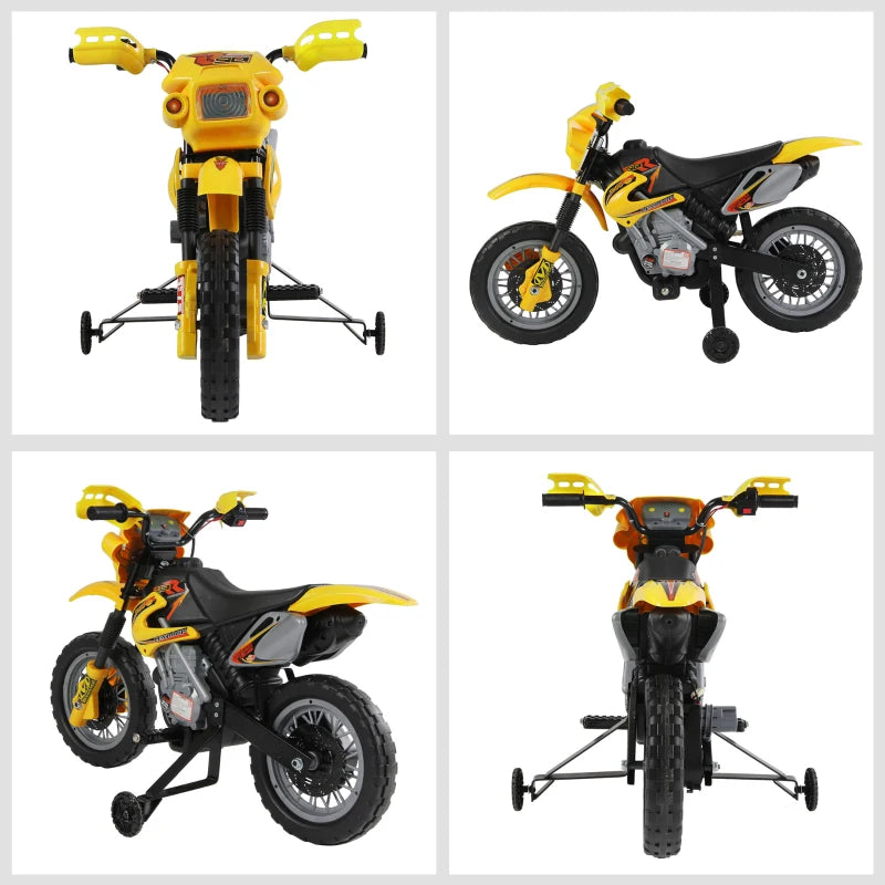 HOMCOM Moto Elettrica per Bambini 3 anni e Più, Moto Cross Elettrica con Rotelle, Batteria 6V Velocità 2.5km/h, 102 x 53 x 66cm, Giallo