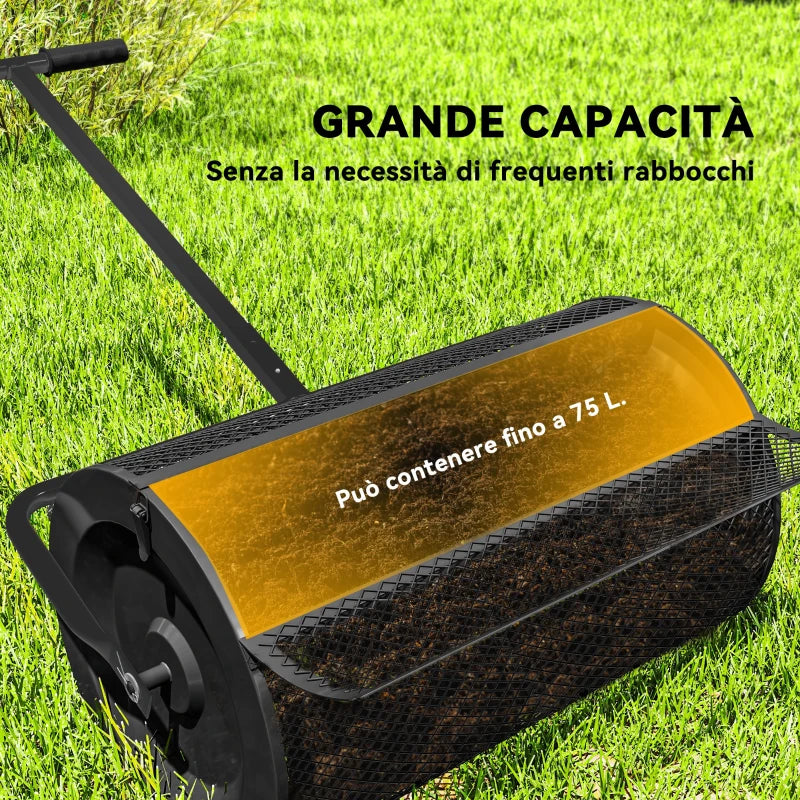 Outsunny Spandiconcime da 75L in Metallo con Manico Regolabile a T e Maniglia Imbottita, 70x40x112 cm, Nero