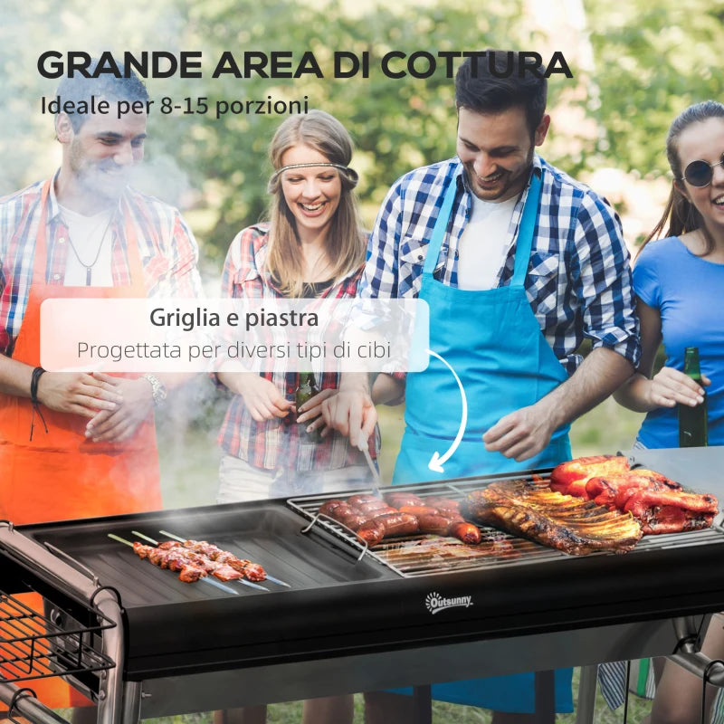 Outsunny Barbecue a Carbonella con Griglia e Piastra di Cottura, Cestino e Ripiani, 107x63x75cm, Nero