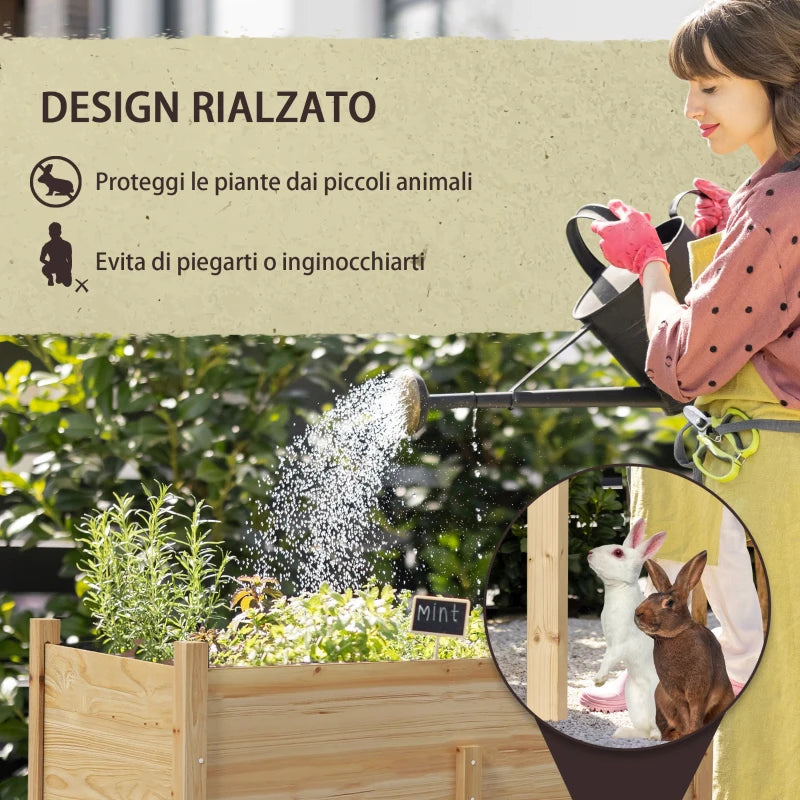 Outsunny Orto Rialzato con 2 Fori di Drenaggio e Sacca in Tessuto non Tessuto, in Legno di Abete, 115x55x80 cm