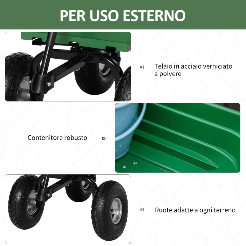Outsunny Carrello da Giardino con Struttura in Acciaio e Pneumatici, 108x52x100cm, Verde