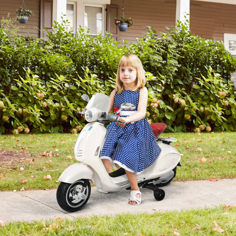 HOMCOM Moto Elettrica per Bambini con Licenza Ufficiale Vespa, 2 Rotelle, Luci e Suoni, 108x49x75 cm, Bianca