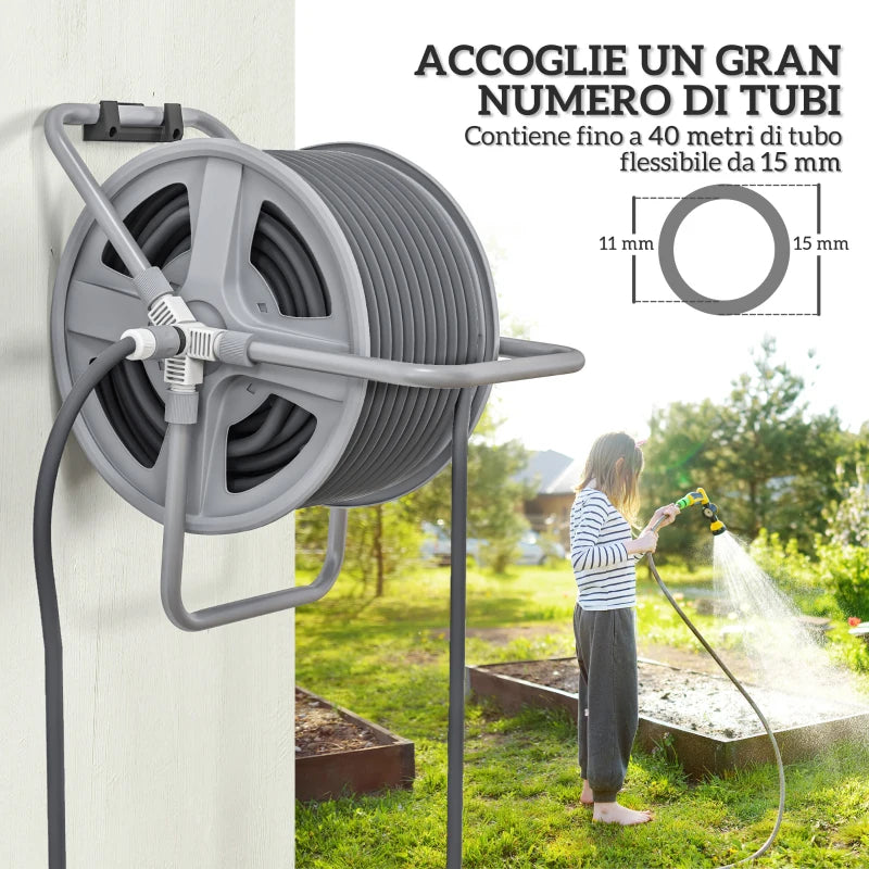 Outsunny Avvolgitubo da Giardino a Parete e Autoportante per 40m di Tubo con Manovella, Grigio