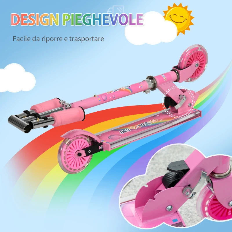 HOMCOM Monopattino per Bambini 3-7 Anni Pieghevole a 2 Ruote e Altezza Regolabile, 67x30x63/68/73/76 cm, Rosa