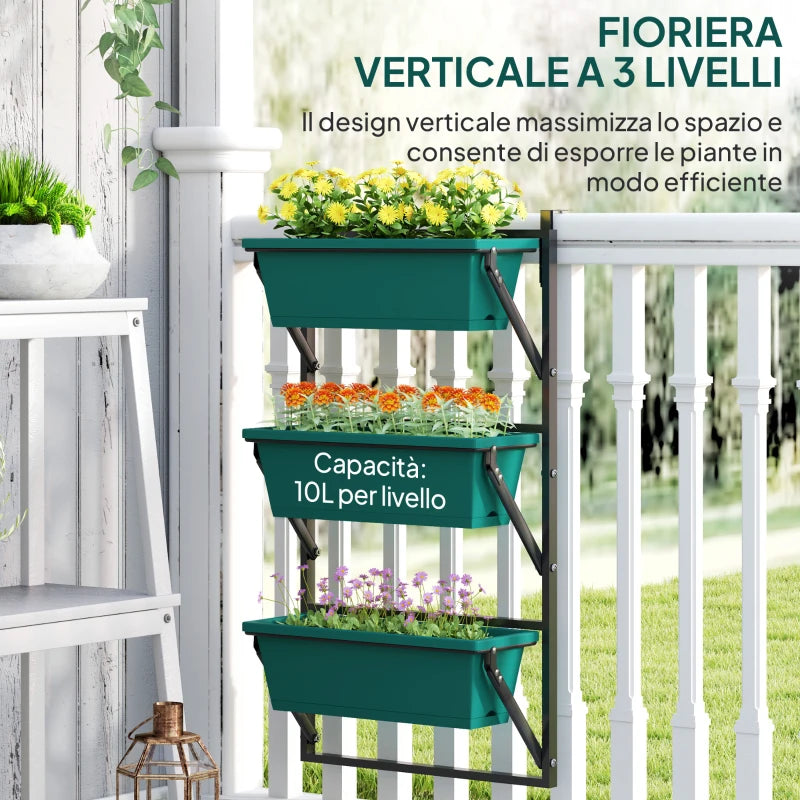 Outsunny Fioriera da Esterno Verticale e 3 Vasi per Piante in Plastica con Fori di Drenaggio, 56x42x100 cm, Verde