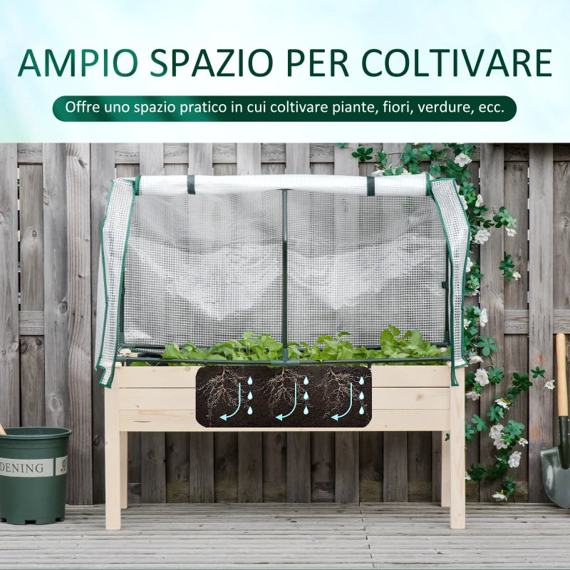 Outsunny Letto per Orto in Cassetta con Serra da Giardino, Portapiante da Esterno in Legno e PE per Fiori e Verdure, 121x55x117cm