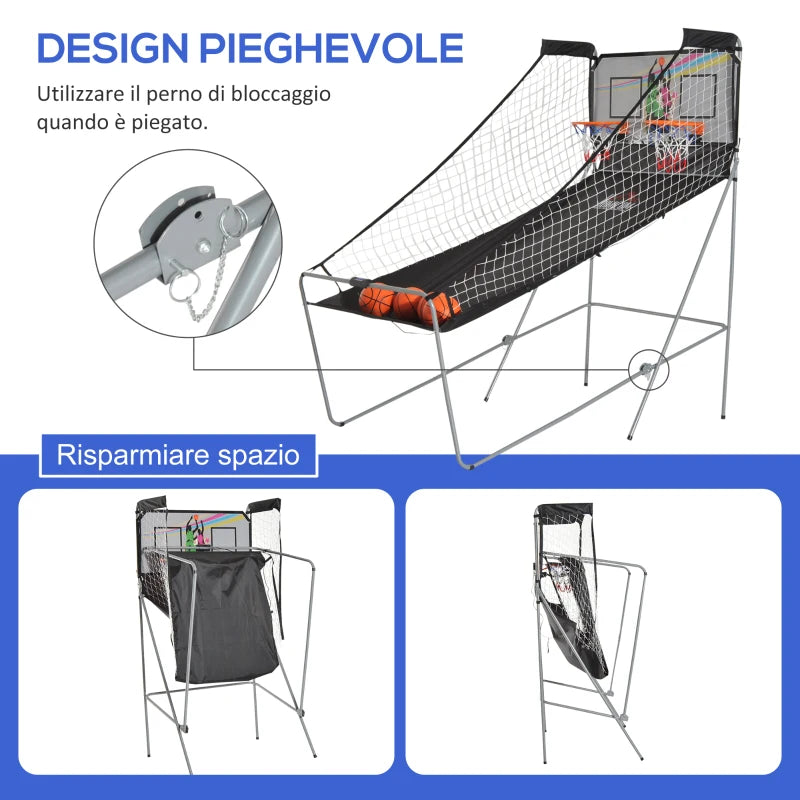 HOMCOM Canestri Basket con Tabellone LED, 4 Palloni e 8 Modalità di Gioco, 205x110x205 cm, Bianco e Nero