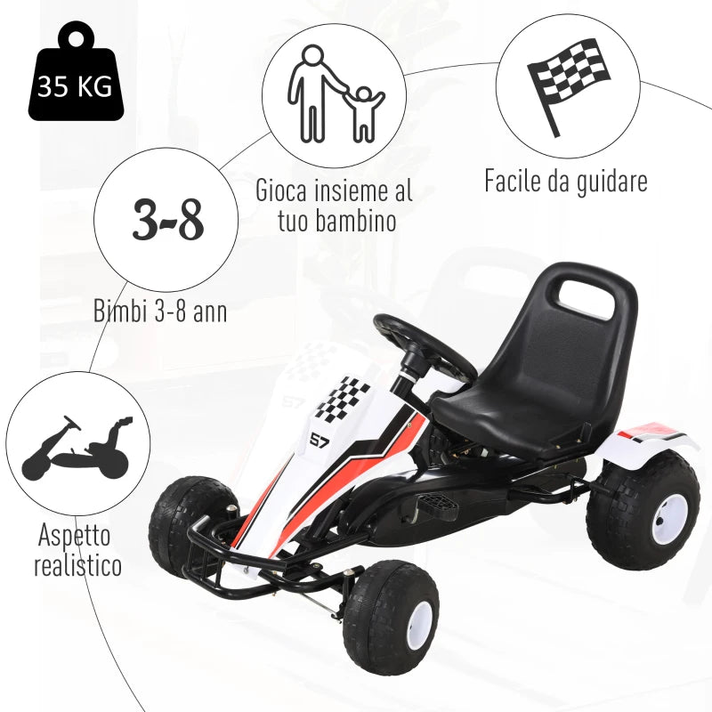 HOMCOM Go-Kart a Pedali Bianco per Bambini 3-6 Anni con Sedile Regolabile, Ruote in Plastica, Freno a Mano e Cambio