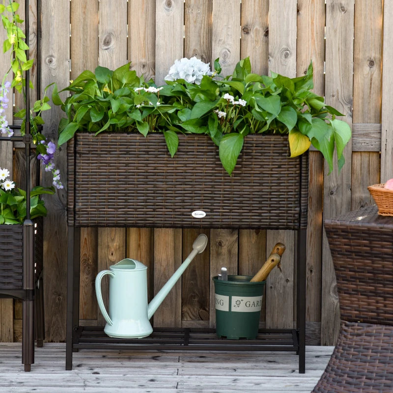 Outsunny Letto per Orto Rialzato, Fioriera Effetto Vimini con Ripiano, Aiuola Rialzata per Esterni e Interni, Marrone (70cm x 30cm x 70cm)